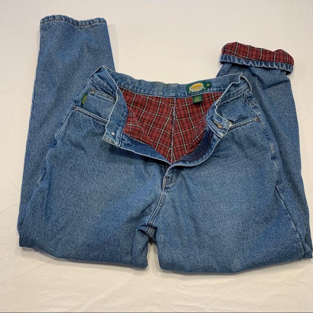 Cabela's Blue Straight Leg Jeans with Red Plaid Lining
